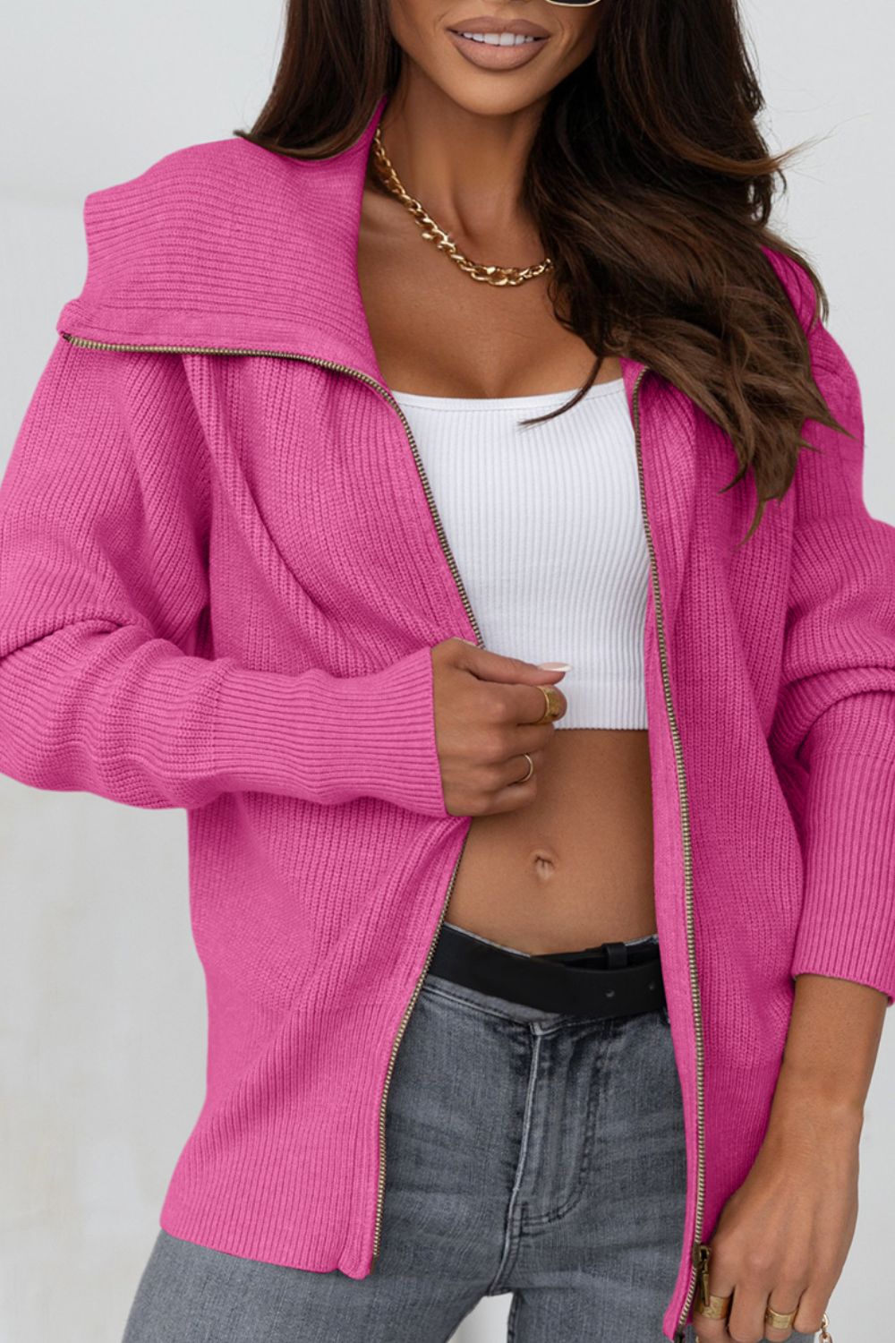 Zip Up Long Sleeve Cardigan - felvior