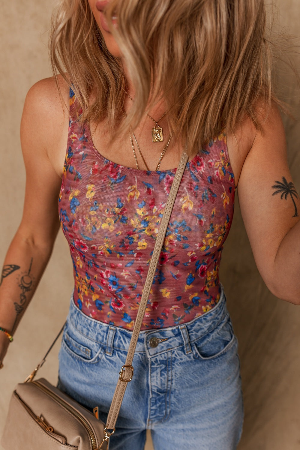 Floral Mesh Scoop Neck Wide Strap Bodysuit - felvior