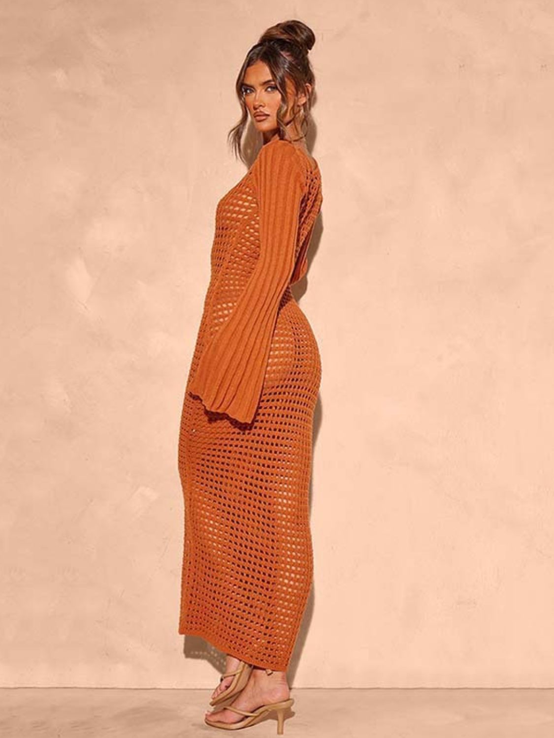 Openwork Square Neck Flare Sleeve Cover-Up Dress - felvior