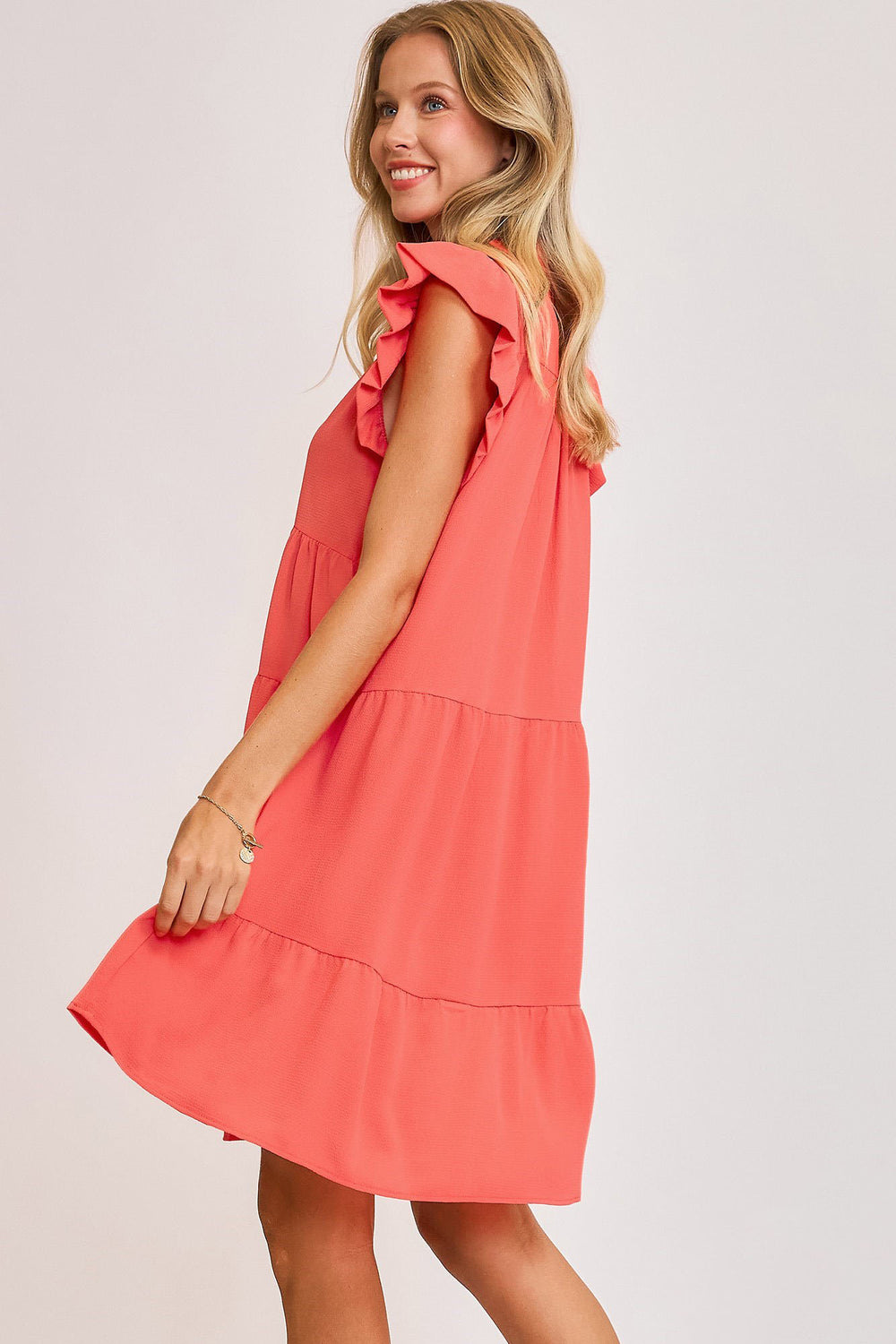 Umgee Full Size Johnny Collar Ruffle Cap Sleeve Tiered Dress Plus Size