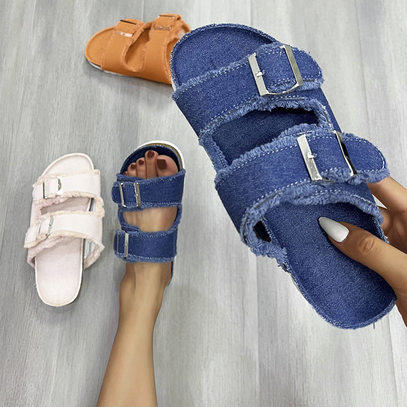 Raw Hem Open Toe Double Buckle Sandals Main image