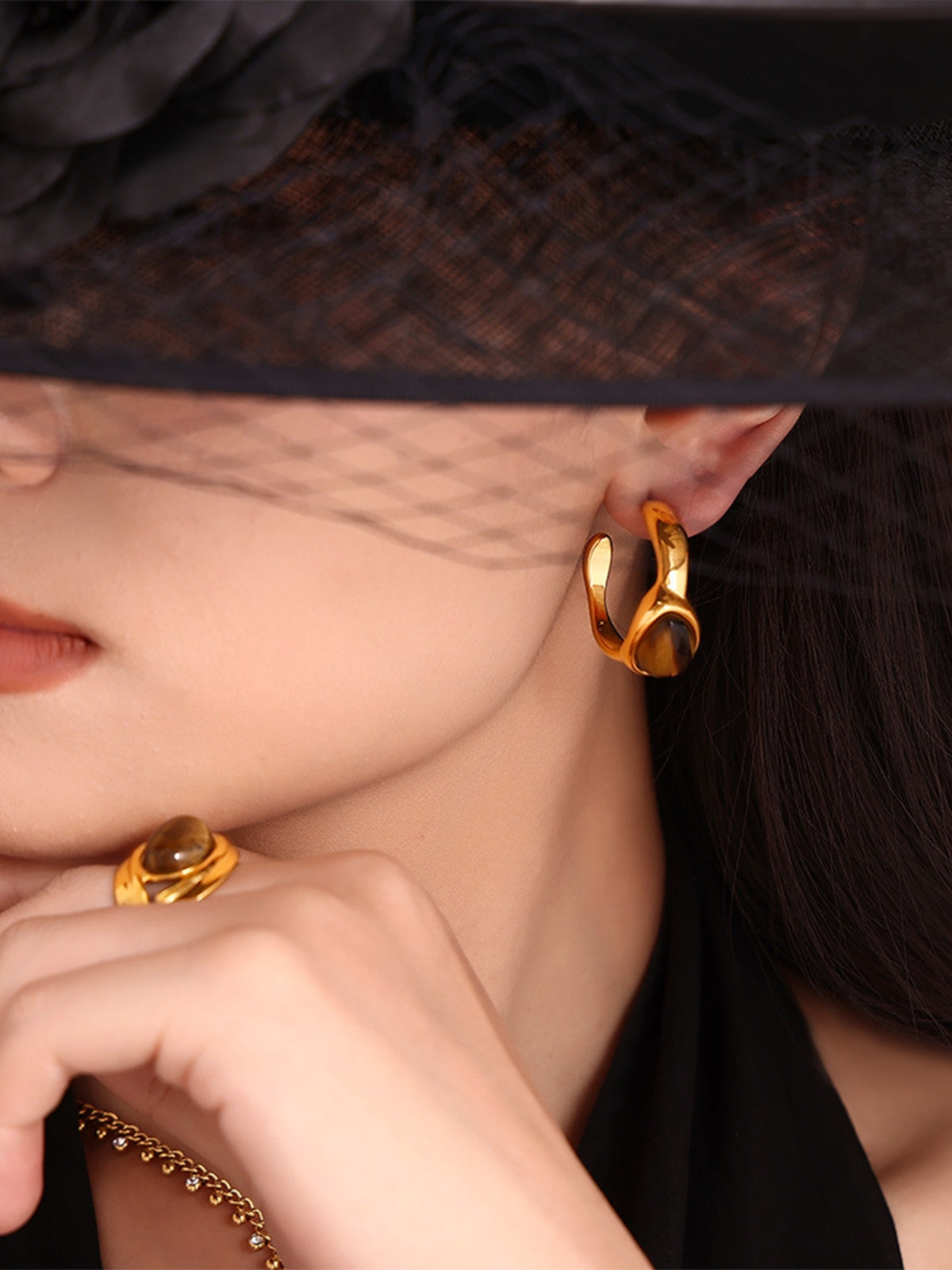Stainless Steel Tigerite Ring and C-Hoop Earrings Set - felvior