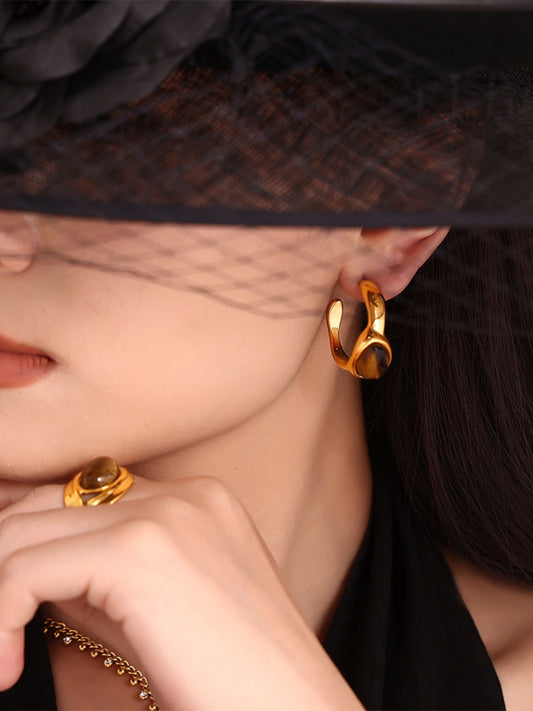 Stainless Steel Tigerite Ring and C-Hoop Earrings Set - felvior