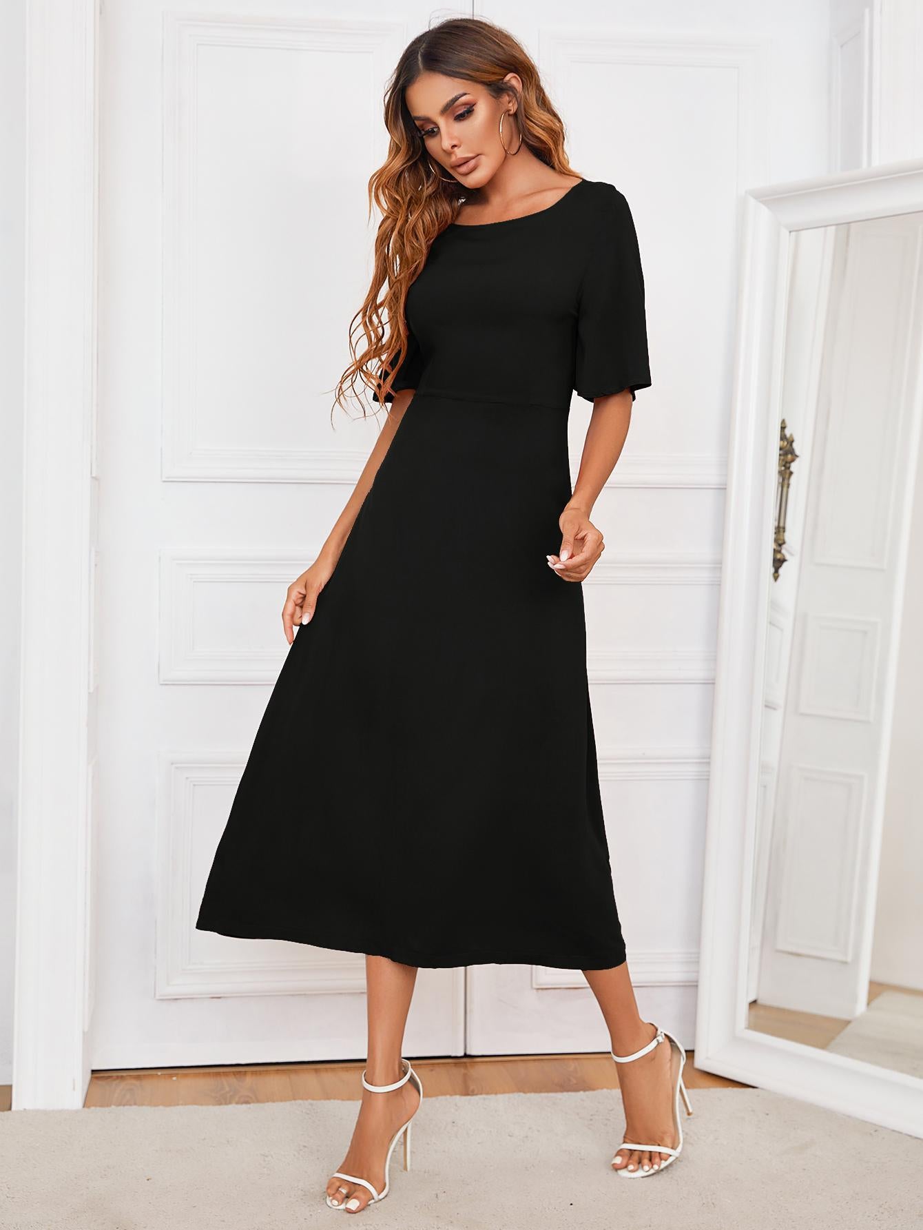 Round Neck Cutout Half Sleeve Dress - felvior