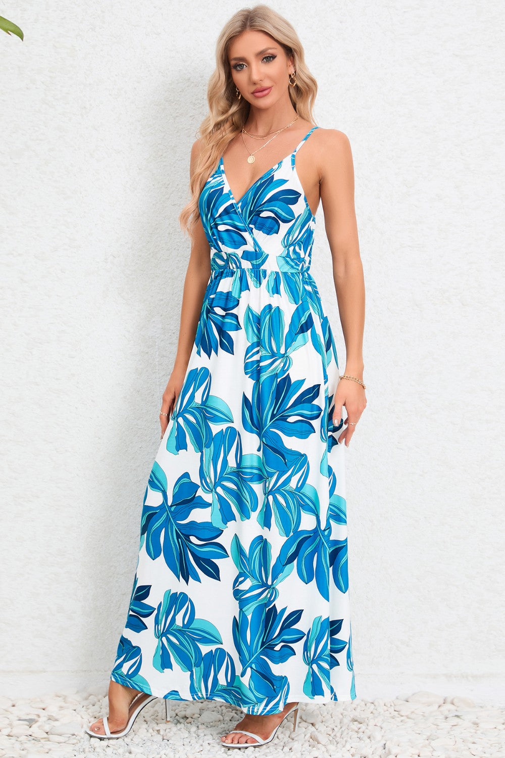 Printed Surplice Maxi Cami Dress - felvior