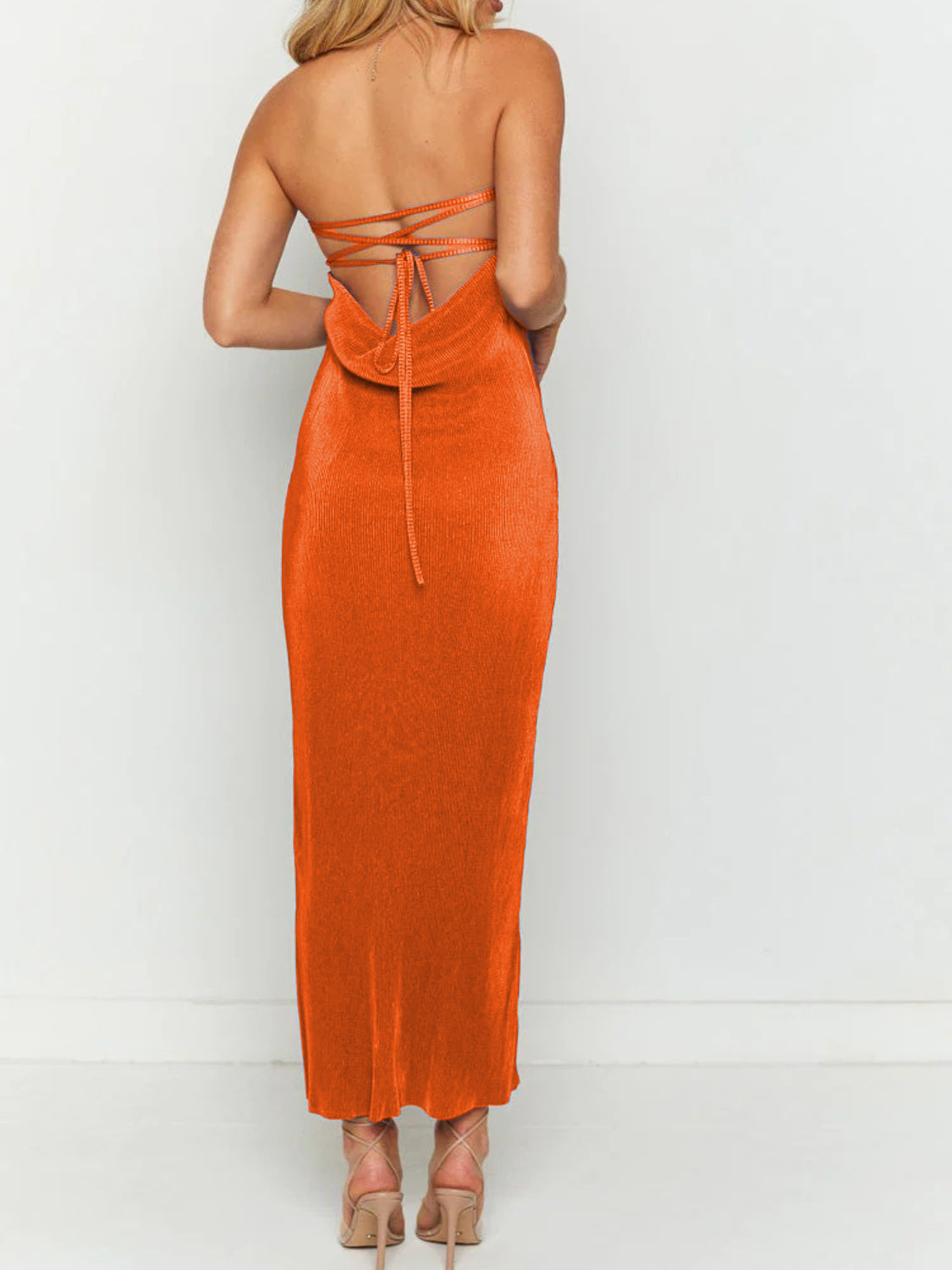 Lace-Up Back Tube Maxi Dress - felvior
