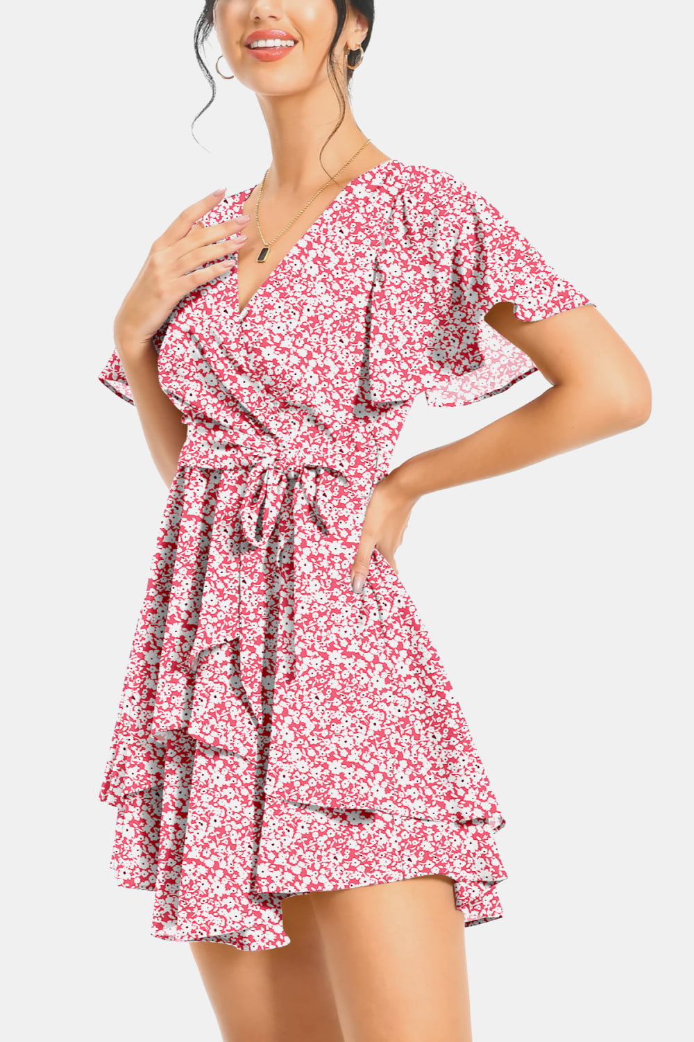 Surplice Neck Flutter Sleeve Dress - felvior
