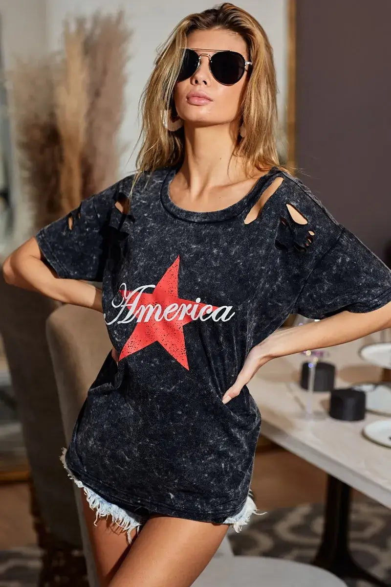 BiBi Laser Cut Mineral Washed Jersey Top with America
