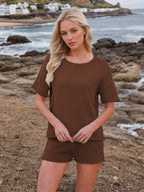 Round Neck Short Sleeve Top and Shorts Sweater Set