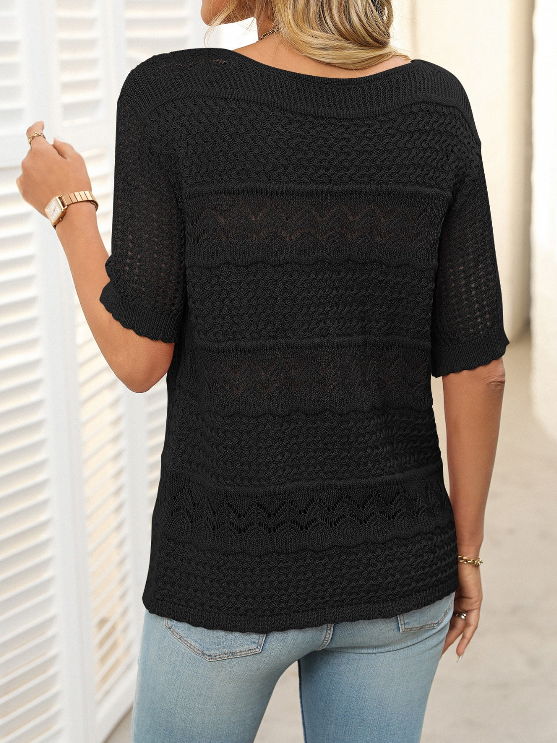 Openwork Round Neck Half Sleeve Knit Top - felvior