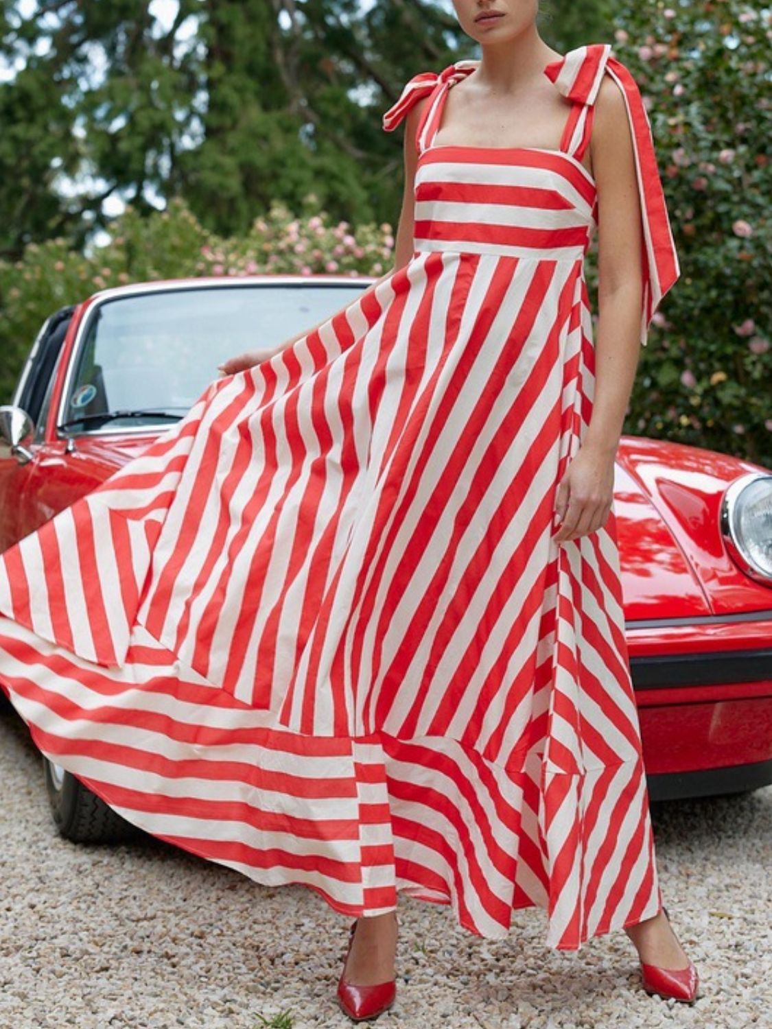 Striped Square Neck Wide Strap Dress - felvior
