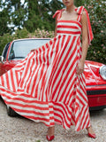 Striped Square Neck Wide Strap Dress - felvior