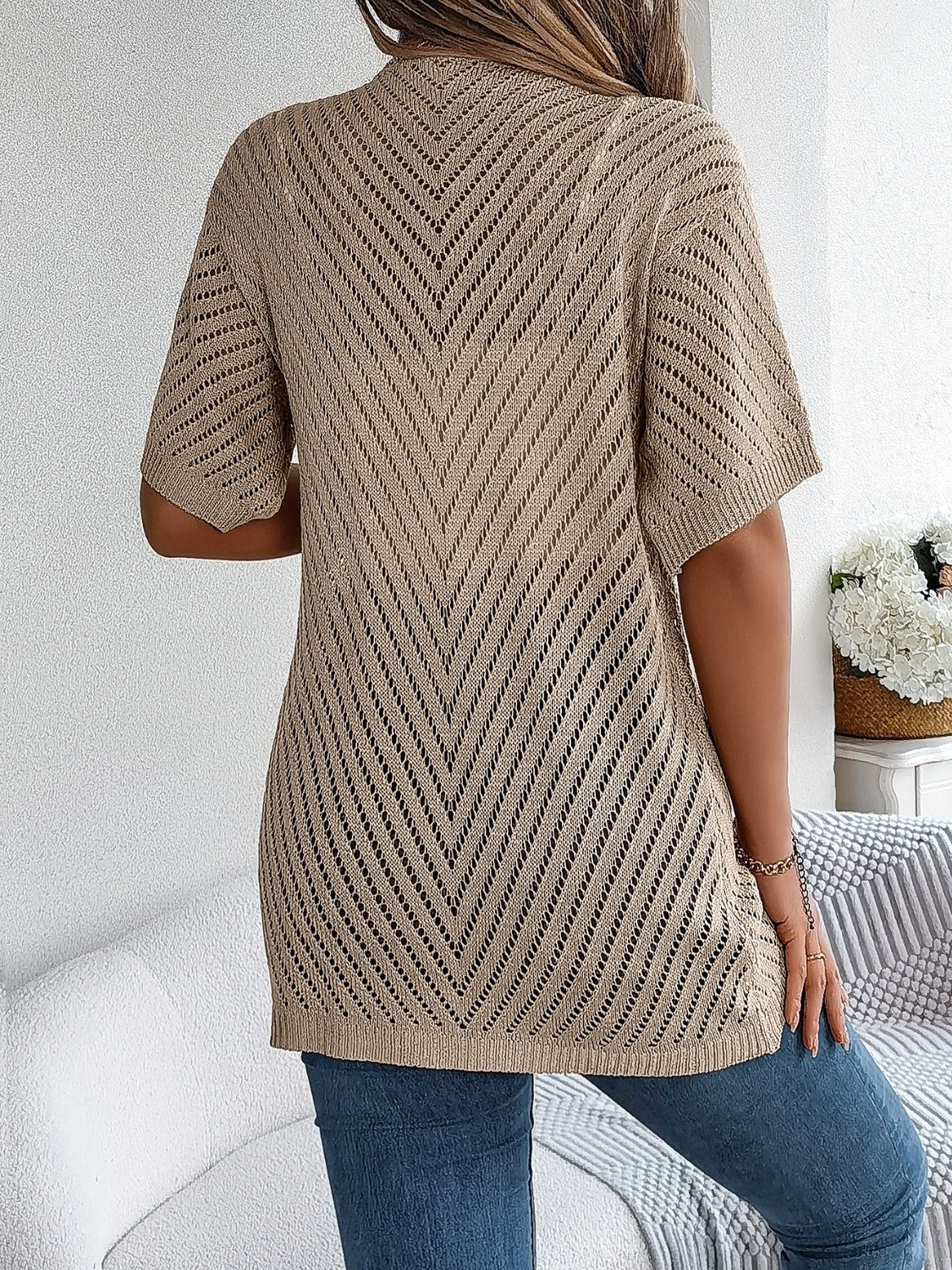 Openwork Open Front Half Sleeve Cardigan - felvior