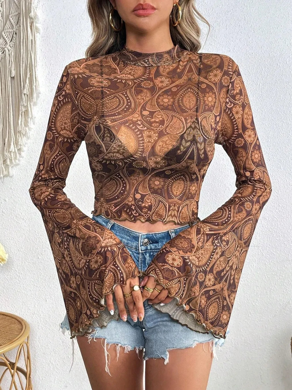 Printed Mock Neck Long Sleeve Cropped T-Shirt