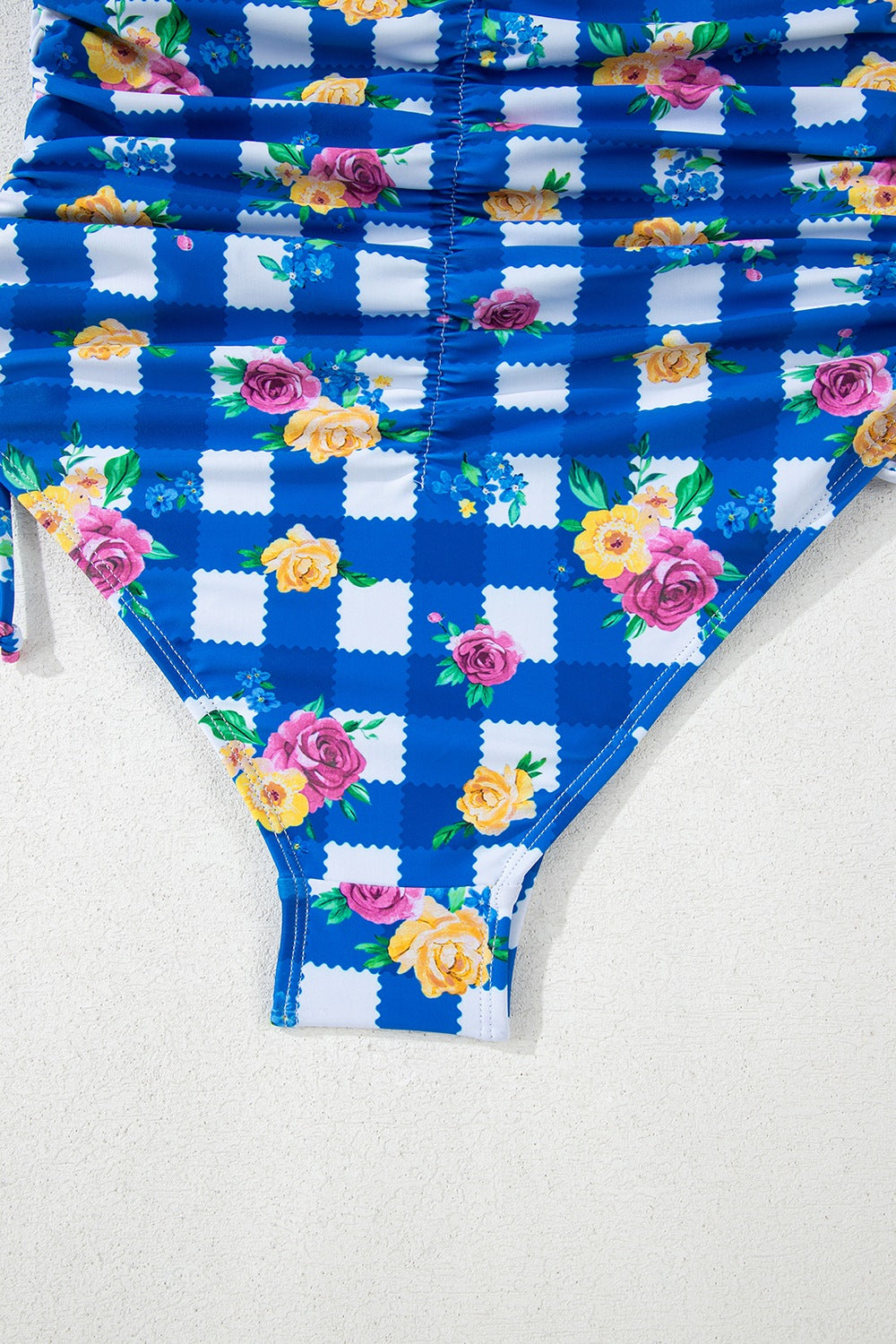 Floral Gingham Halter Neck Drawstring One Piece Swimwear - felvior