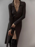Tied Collared Neck Long Sleeve Sweater Dress - felvior