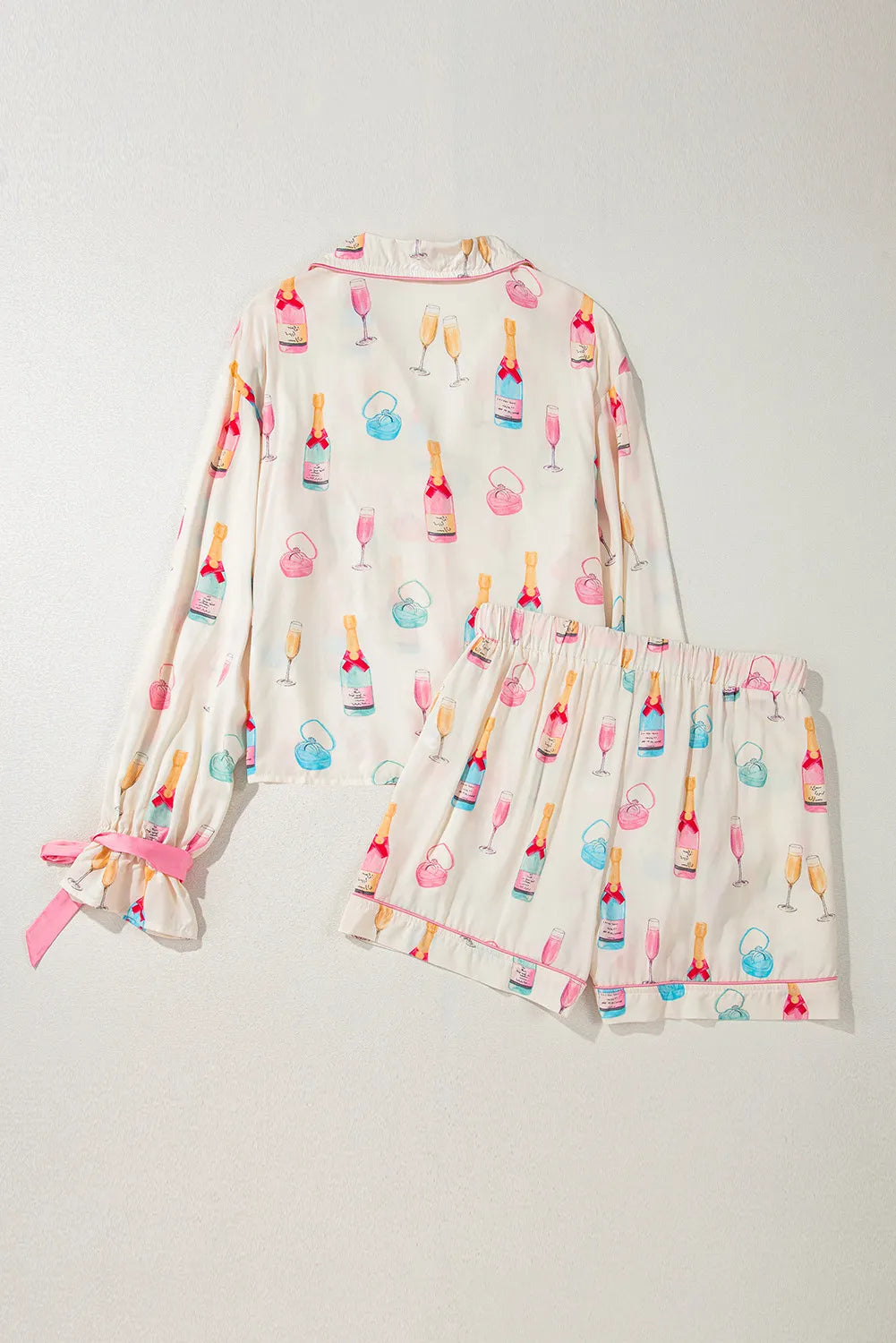 Bow Printed Collared Neck Top and Drawstring Shorts Lounge Set - felvior