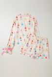 Bow Printed Collared Neck Top and Drawstring Shorts Lounge Set - felvior