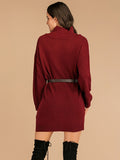 Perfee Slit Turtleneck Long Sleeve Mini Sweater Dress - felvior