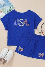 Textured Sequined USA Top and Bowknot Shorts Set