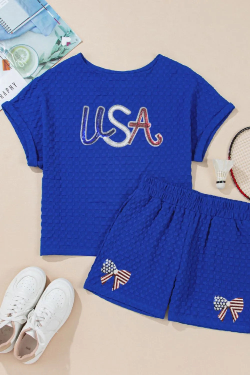 Textured Sequined USA Top and Bowknot Shorts Set