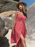 V-Neck Sleeveless Buttoned Dress - felvior