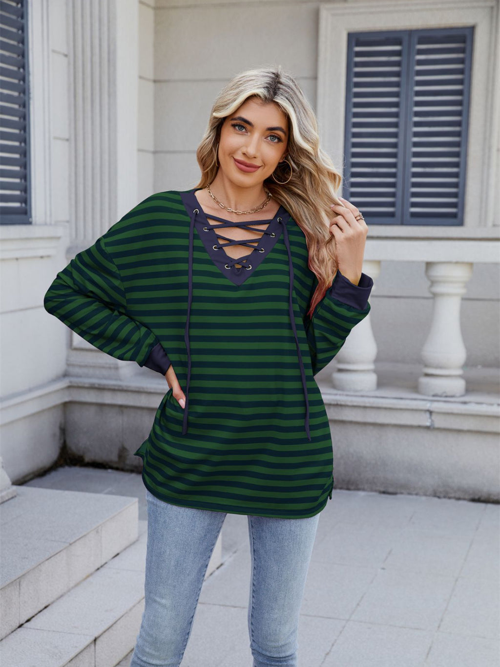 Lace-Up Striped Long Sleeve T-Shirt