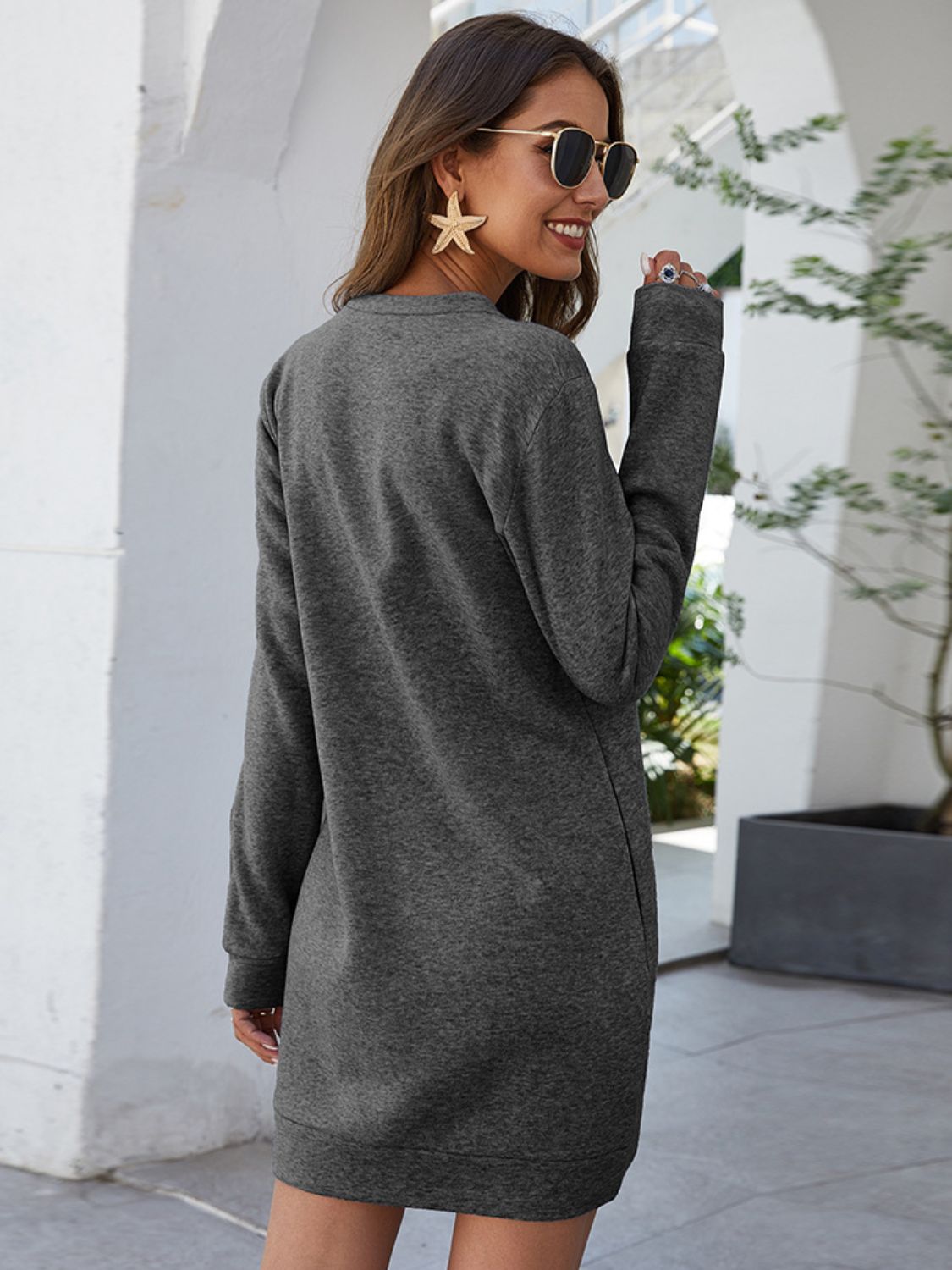 Ivy Lane Round Neck Long Sleeve Mini Dress with Pockets - felvior