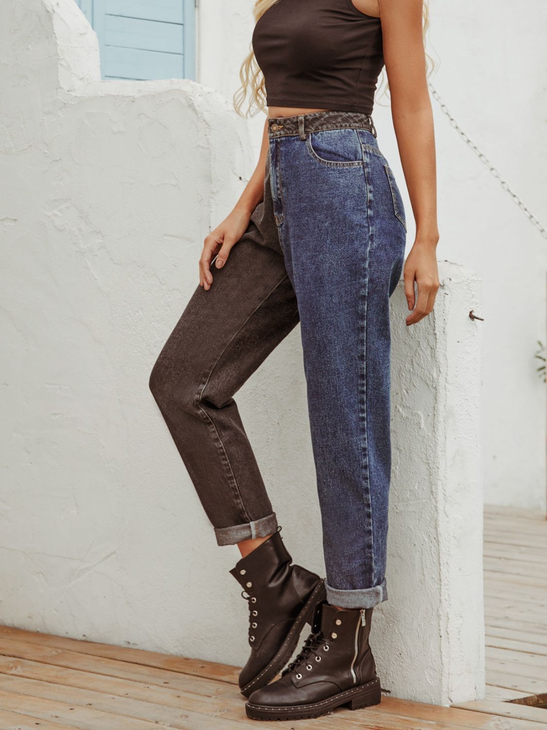 Two Tone Straight Leg Jeans - felvior