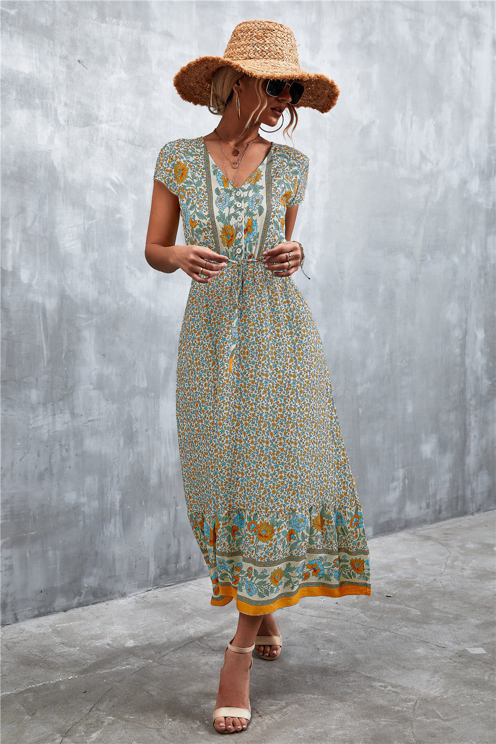 V-Neck Short Sleeve Printed Maxi Dress - felvior