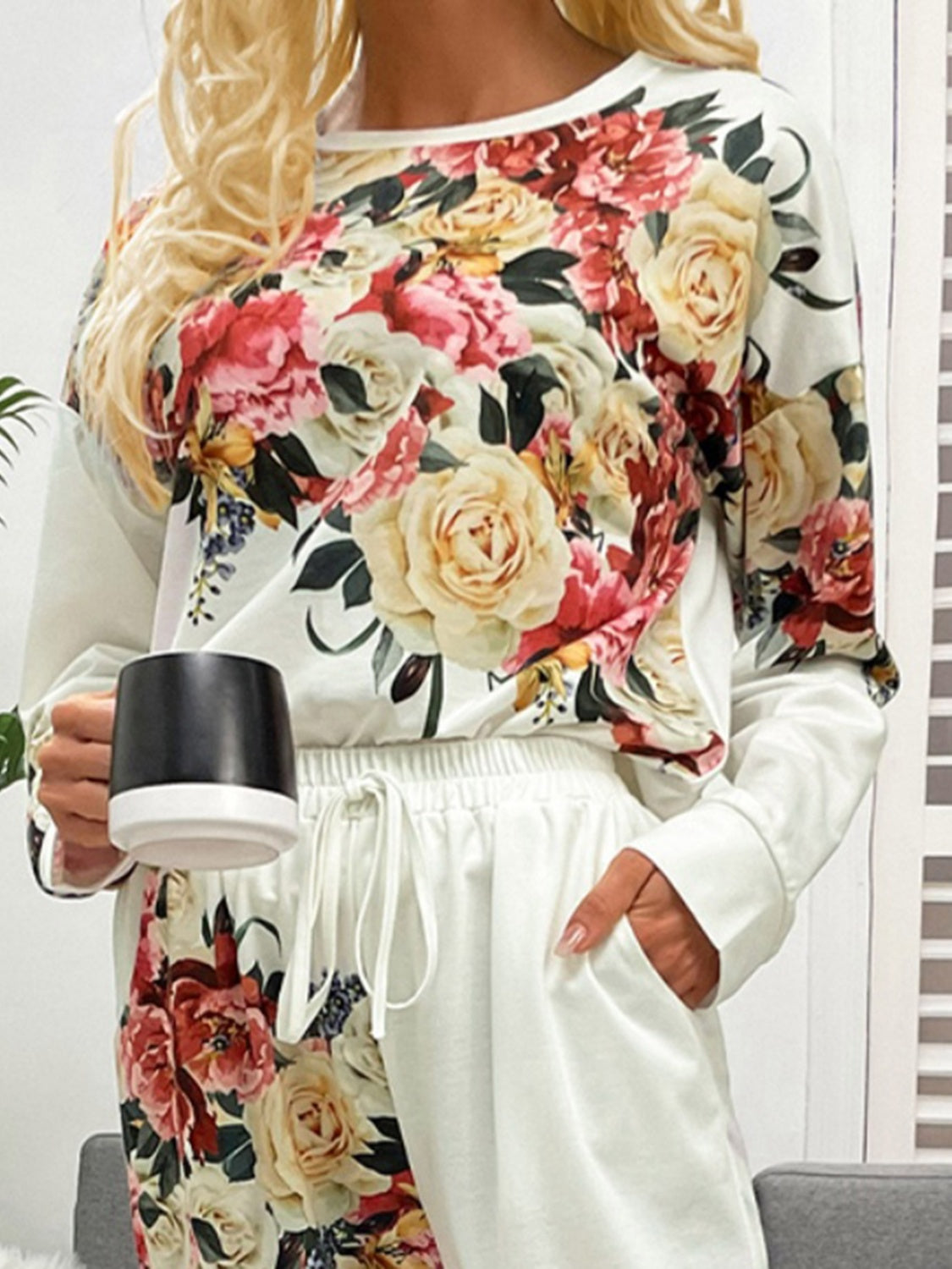 Shiny Printed Round Neck Top and Pants Lounge Set - felvior