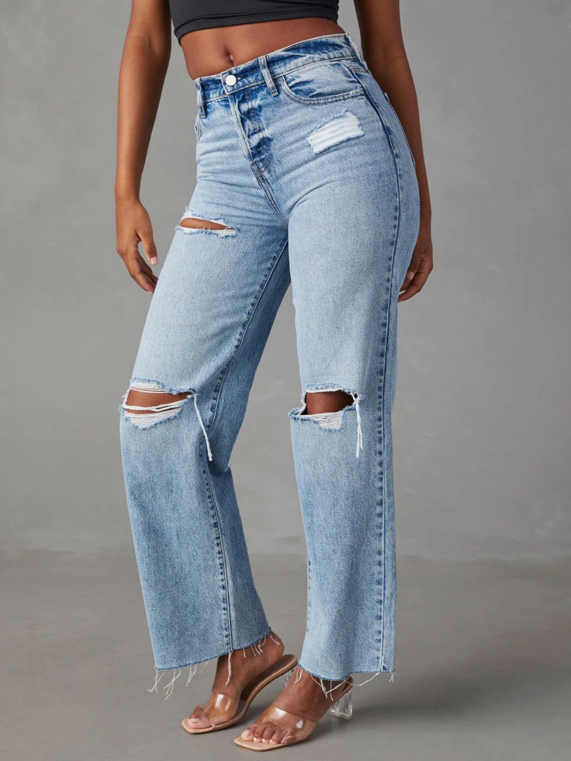 Distressed Straight Leg Jeans with Pockets - felvior