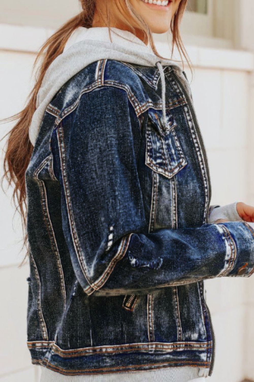 Fake Two-Piece Hooded Zip-Up Denim Jacket - felvior