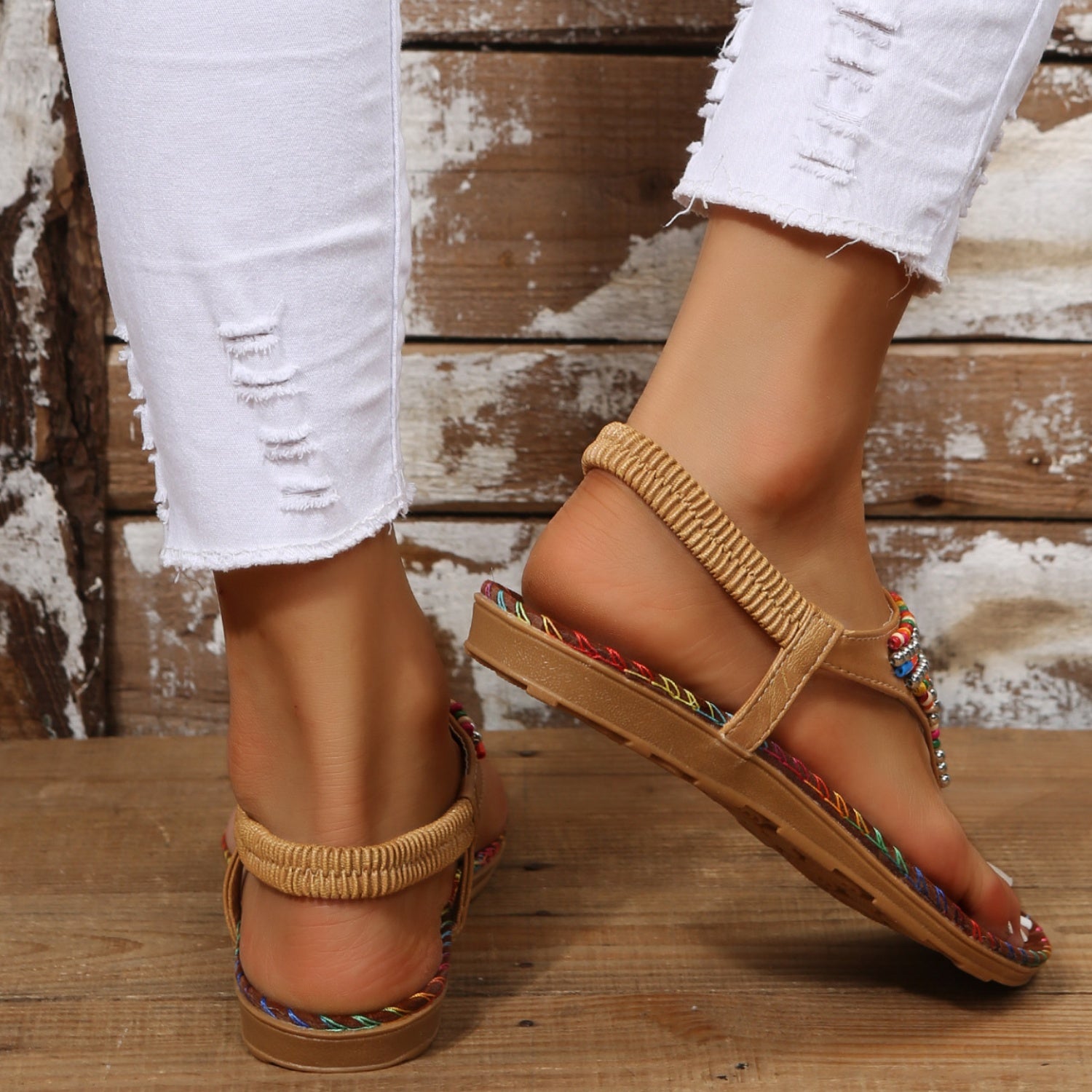 Beaded PU Leather Open Toe Sandals - felvior
