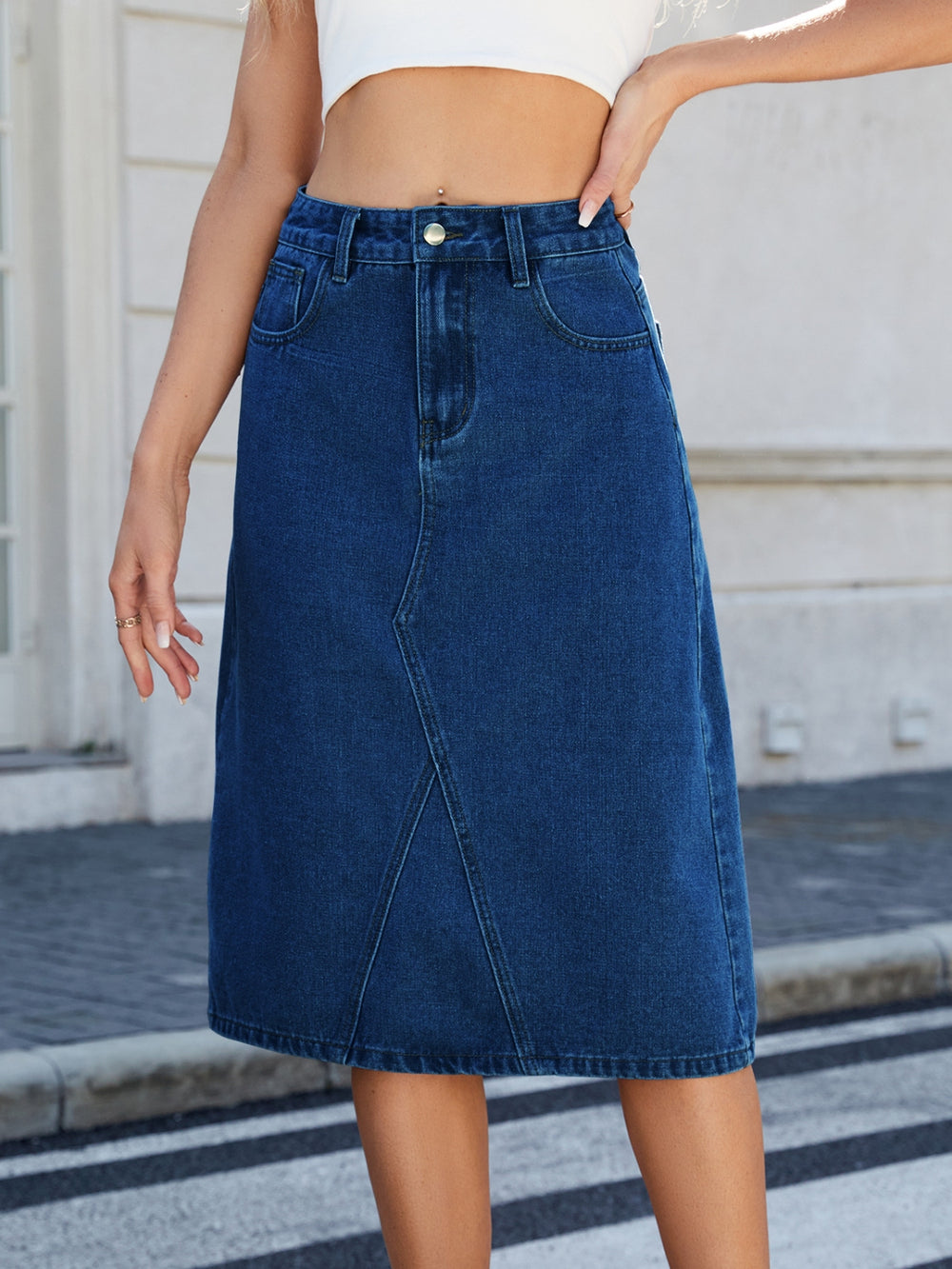 Slit Back Midi Denim Skirt