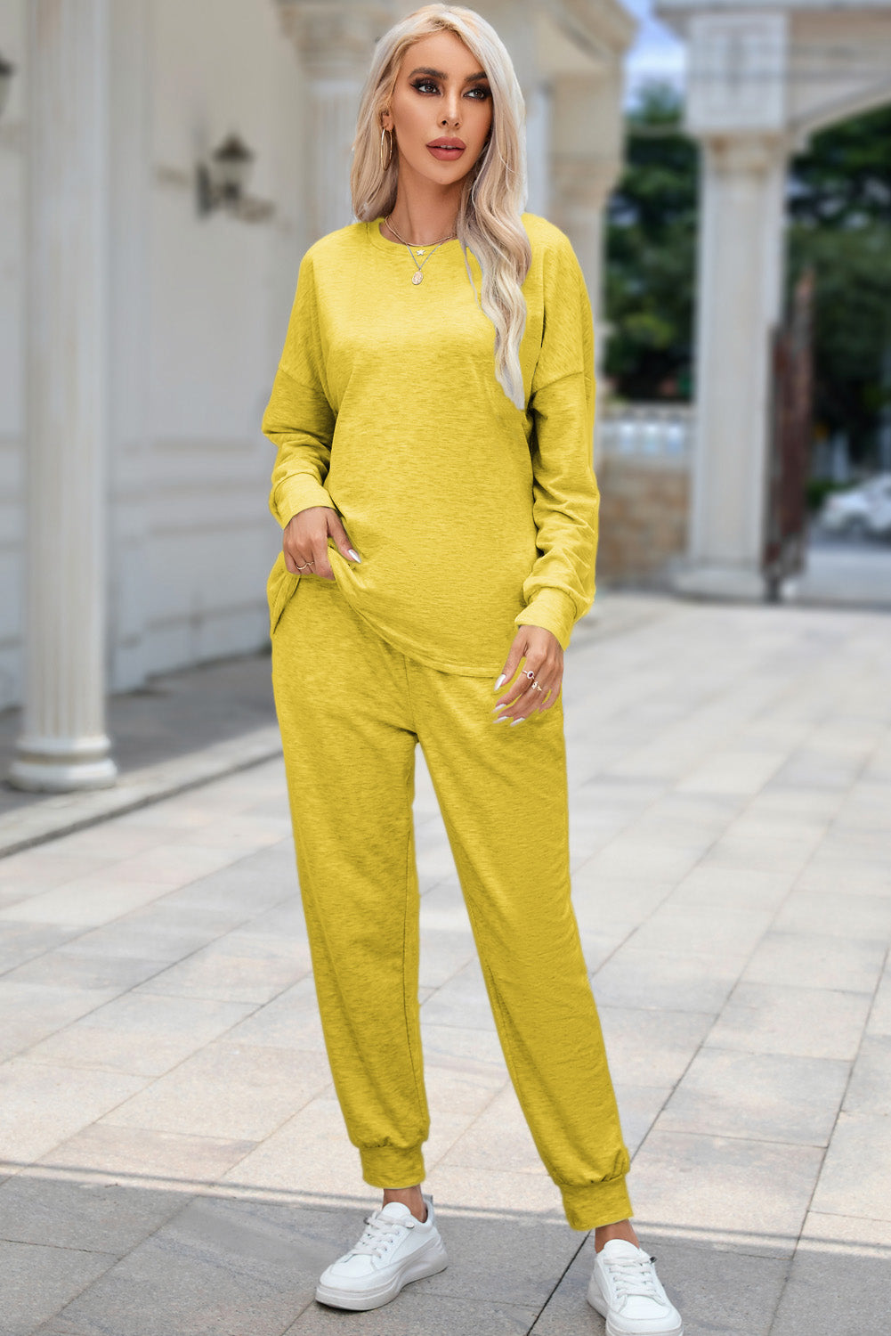 Round Neck Top and Drawstring Pants Lounge Set - felvior