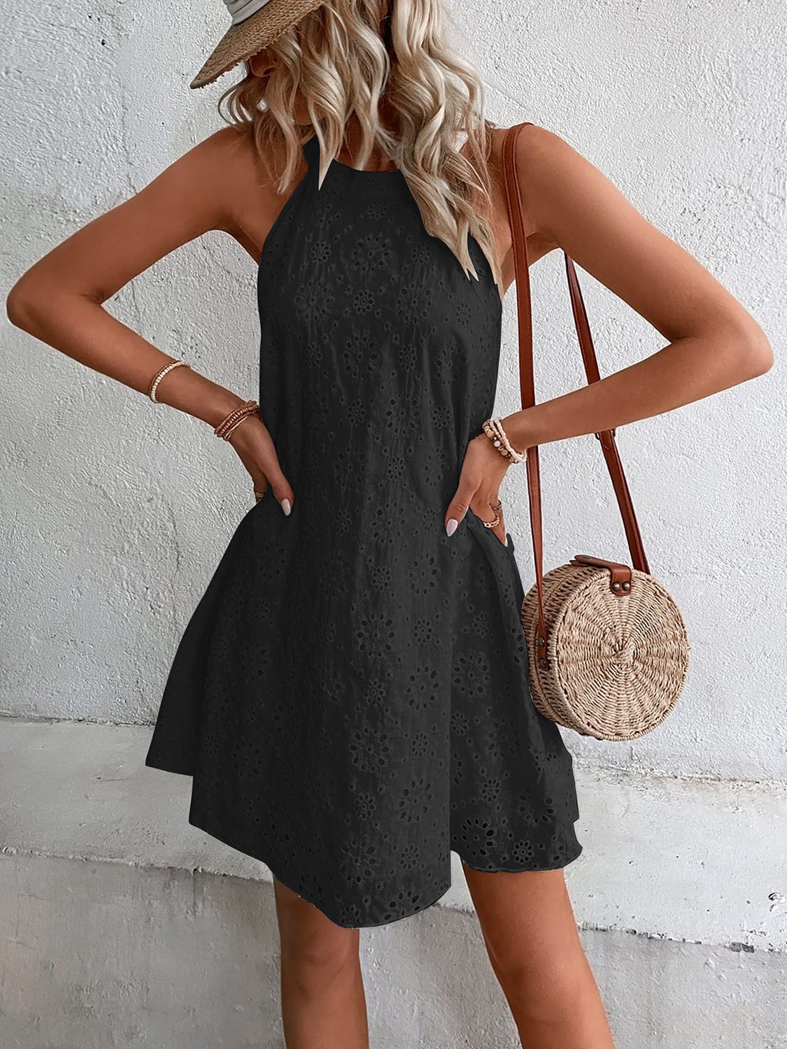 Eyelet Grecian Neck Mini Dress - felvior