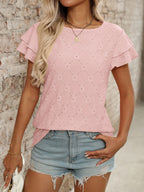 Eyelet Round Neck Double Layered Ruffled Short Sleeve Top