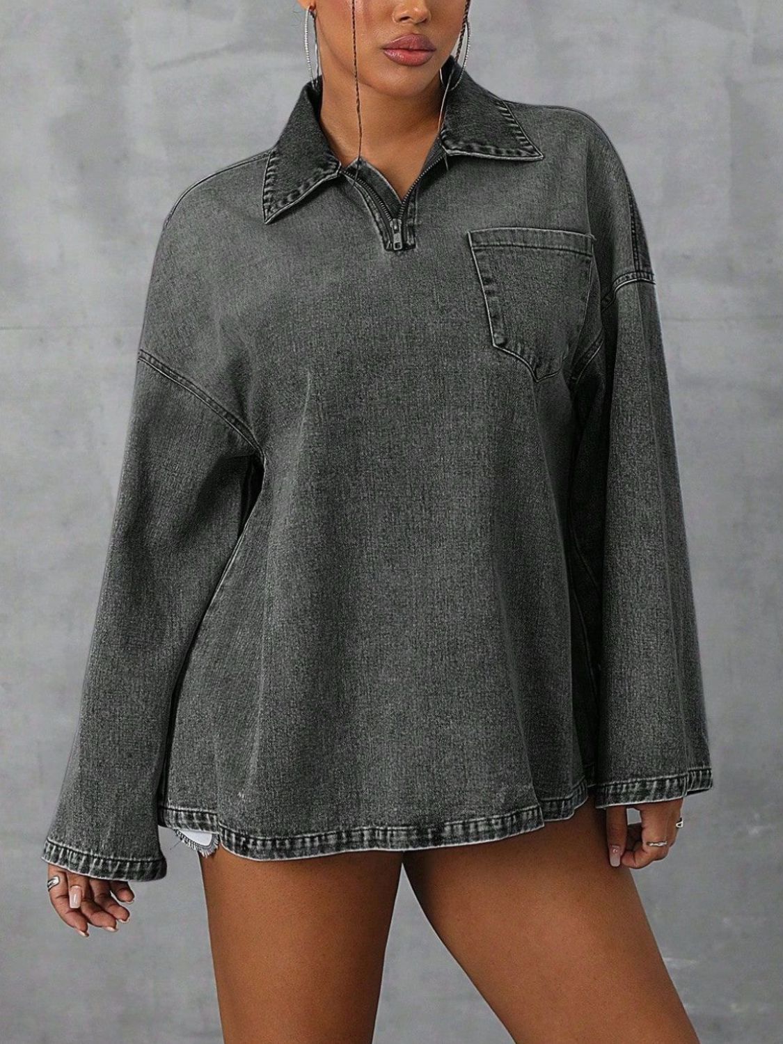 Collared Neck Drop Shoulder Denim Top - felvior