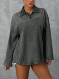 Collared Neck Drop Shoulder Denim Top - felvior