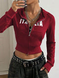 Letter Graphic Zip Up Long Sleeve Hoodie - felvior