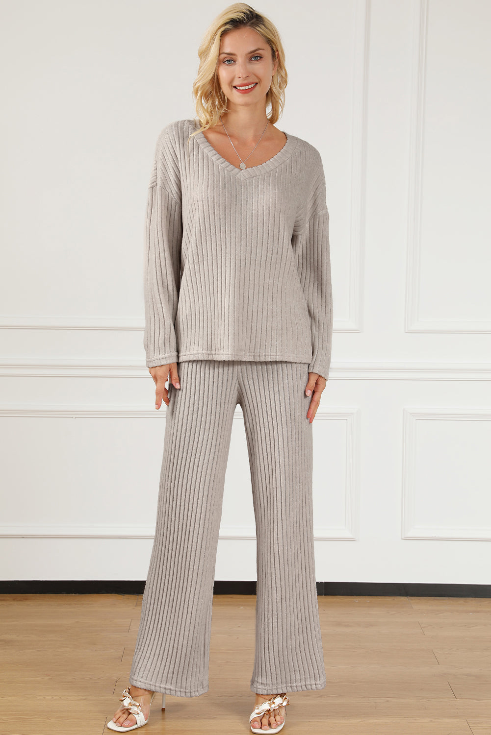 Ribbed V-Neck Top and Pants Lounge Set Main image