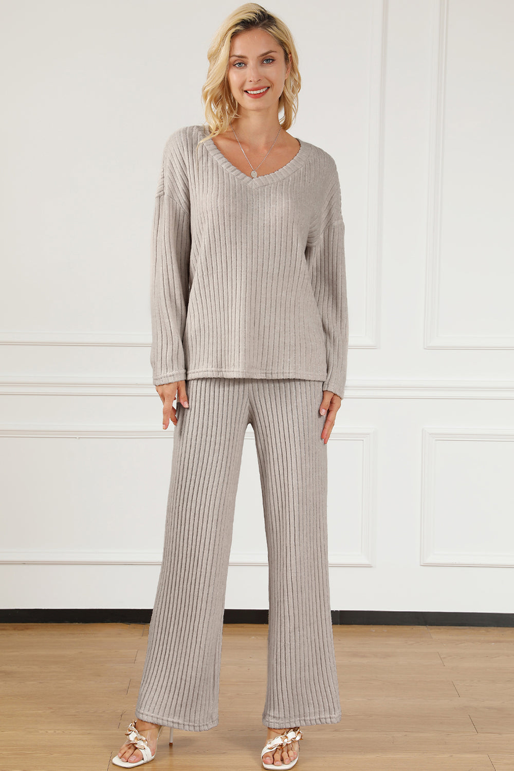 Ribbed V-Neck Top and Pants Lounge Set - felvior