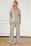 Ribbed V-Neck Top and Pants Lounge Set - felvior