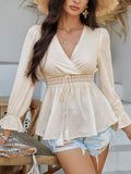 Devine Swiss Dot Lace Detail Surplice Flounce Sleeve Blouse - felvior