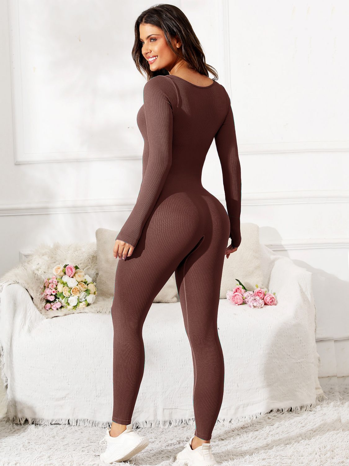 Scoop Neck Long Sleeve Active Jumpsuit - felvior