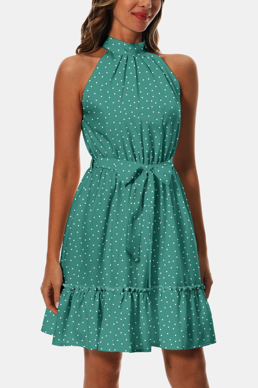 Printed Tie Waist Frill Trim Dress - felvior