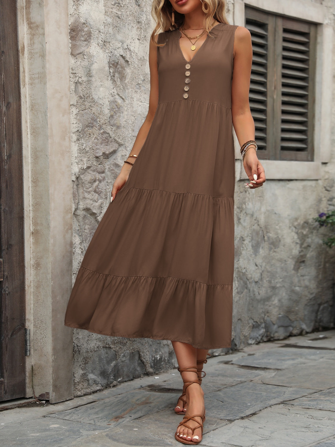 Ivy Lane Decorative Button Notched Sleeveless Dress - felvior