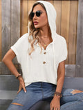 Waffle-Knit Hooded Short Sleeve Top - felvior