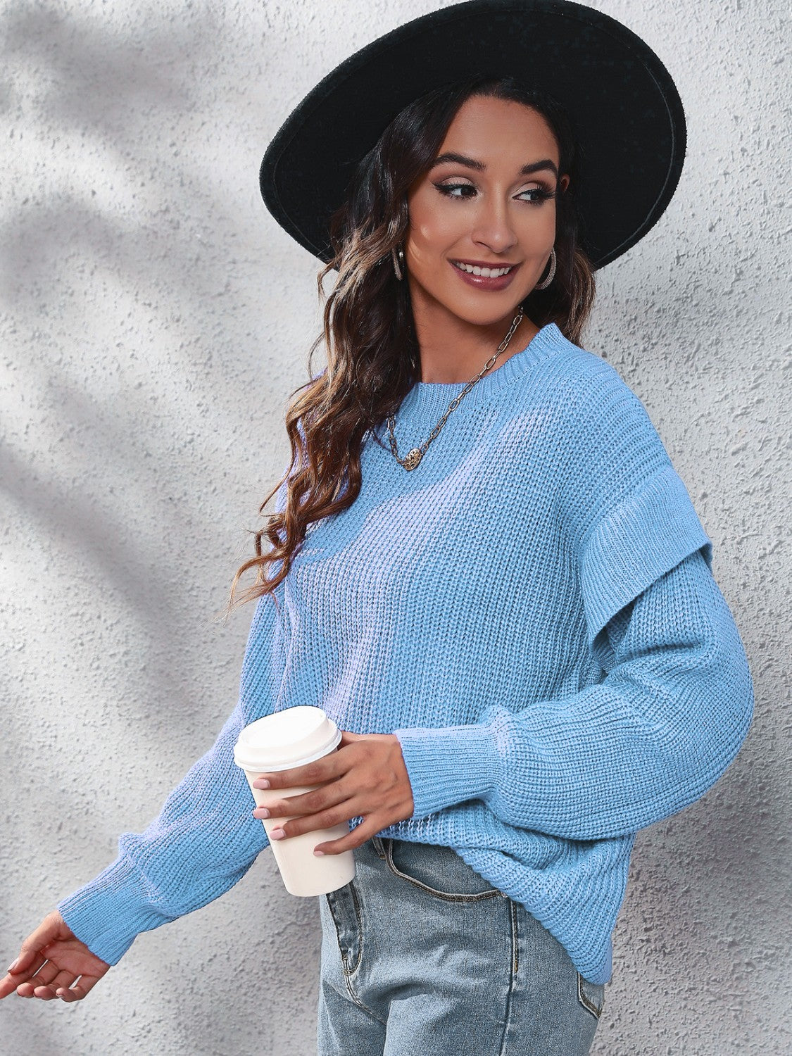 Ruffled Round Neck Dropped Shoulder Sweater - felvior